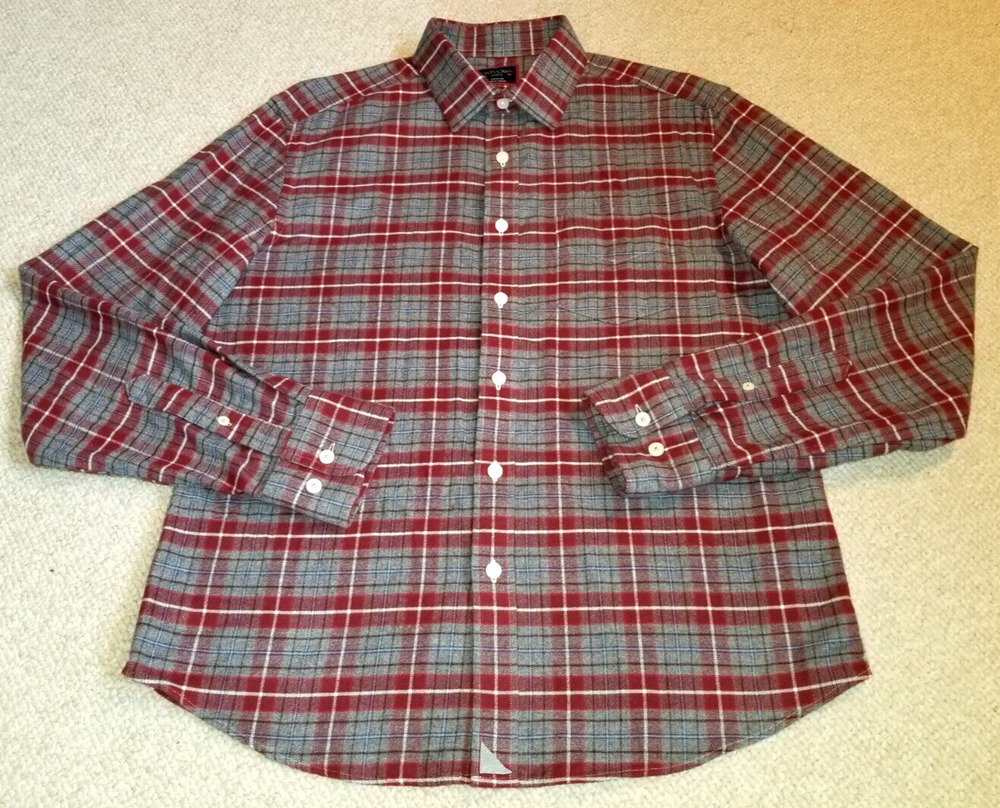 Mens Shirt-UNTUCKIT-dk red/gray plaid 100% cotton flannel button-up collared-S